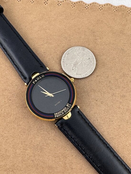 Vintage Paolo Gucci 18K Gold Plated Swiss Watch New Italian Black Strap main image 12